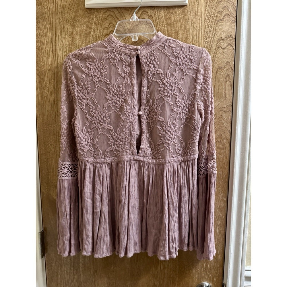 American Eagle Boho Peplum Lace Flare Button Back Women's Top S Sheer Dusty Rose